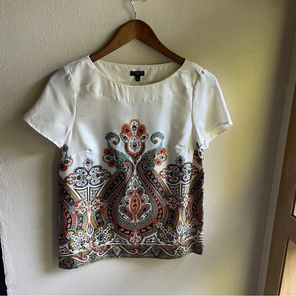 Talbot's Silk Paisley Patterned Blouse. Cap Sleeves, Side Zip. Cream, Green. 2P - Picture 2 of 11